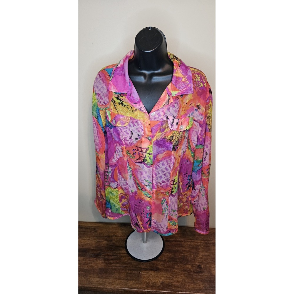 Chicos Blouse Watercolor 100% Silk Button Up Sheer Artsy Beach Spring Sz. 2 Lg.
